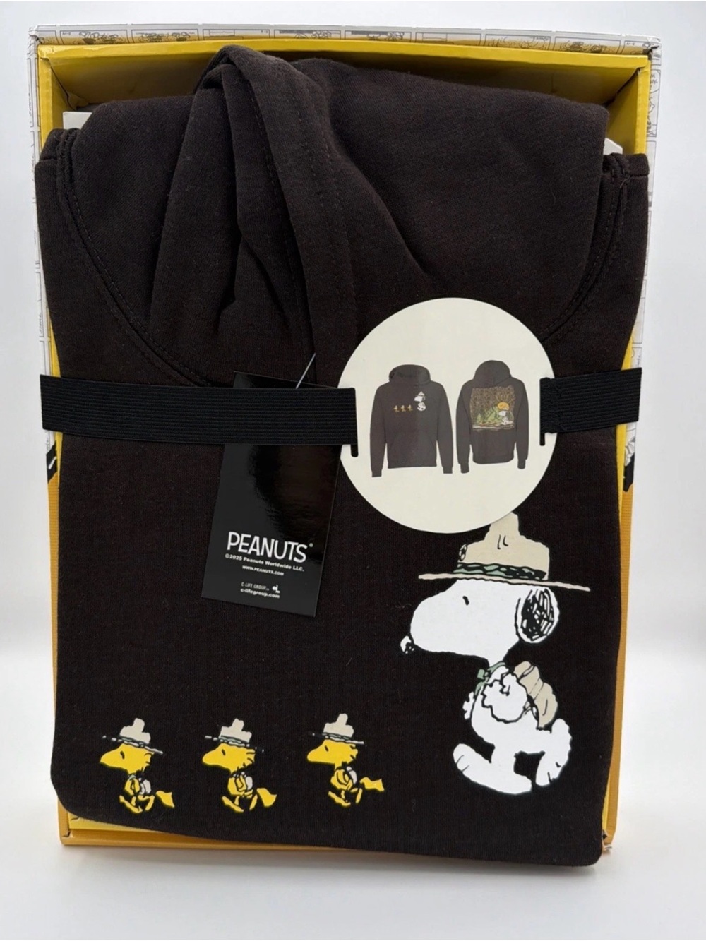 Peanuts Black Hoodie with Snoopy and Yellow Woodstock Row - Large